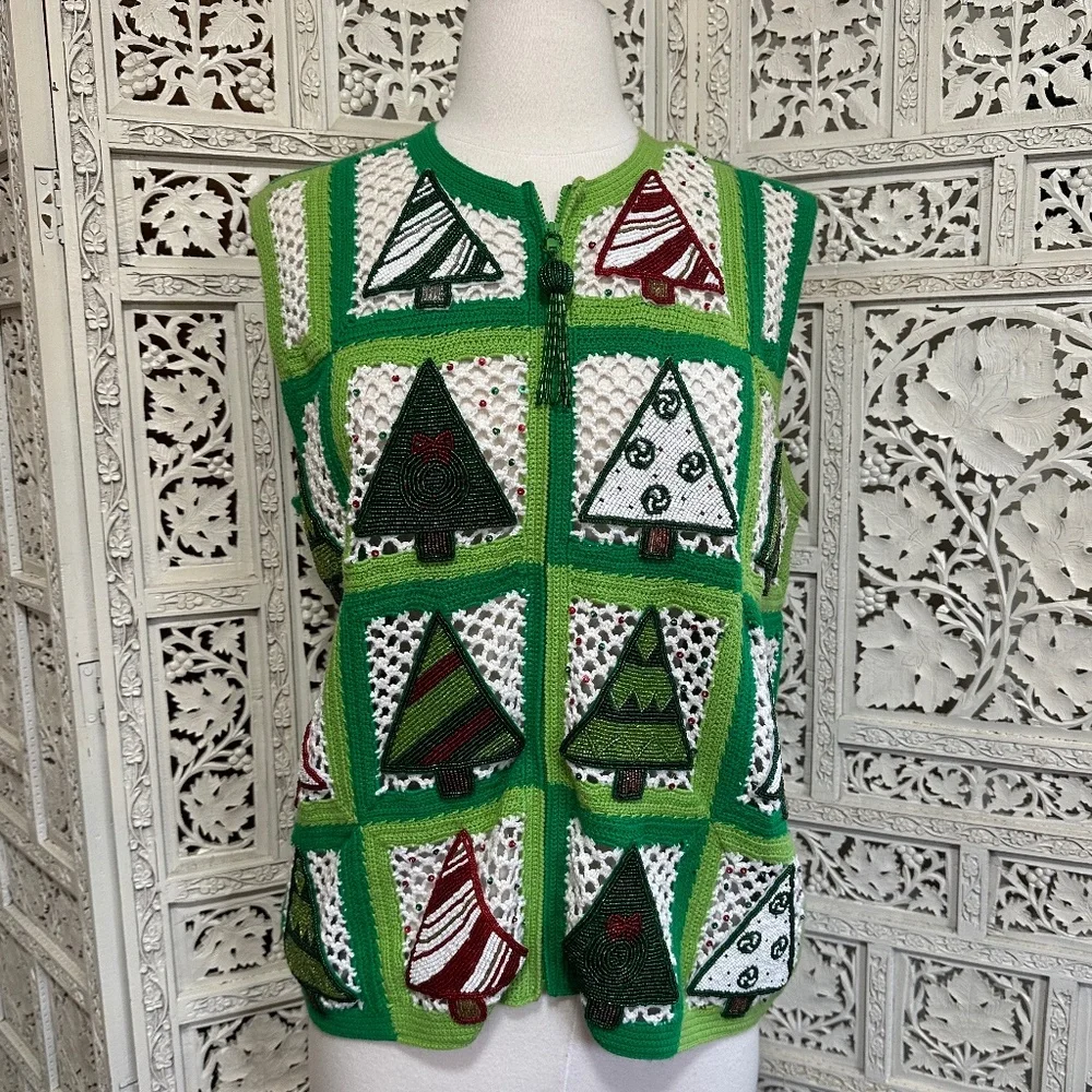 Vintage rare beaded Christmas holiday crochet zip up vest size medium‎
